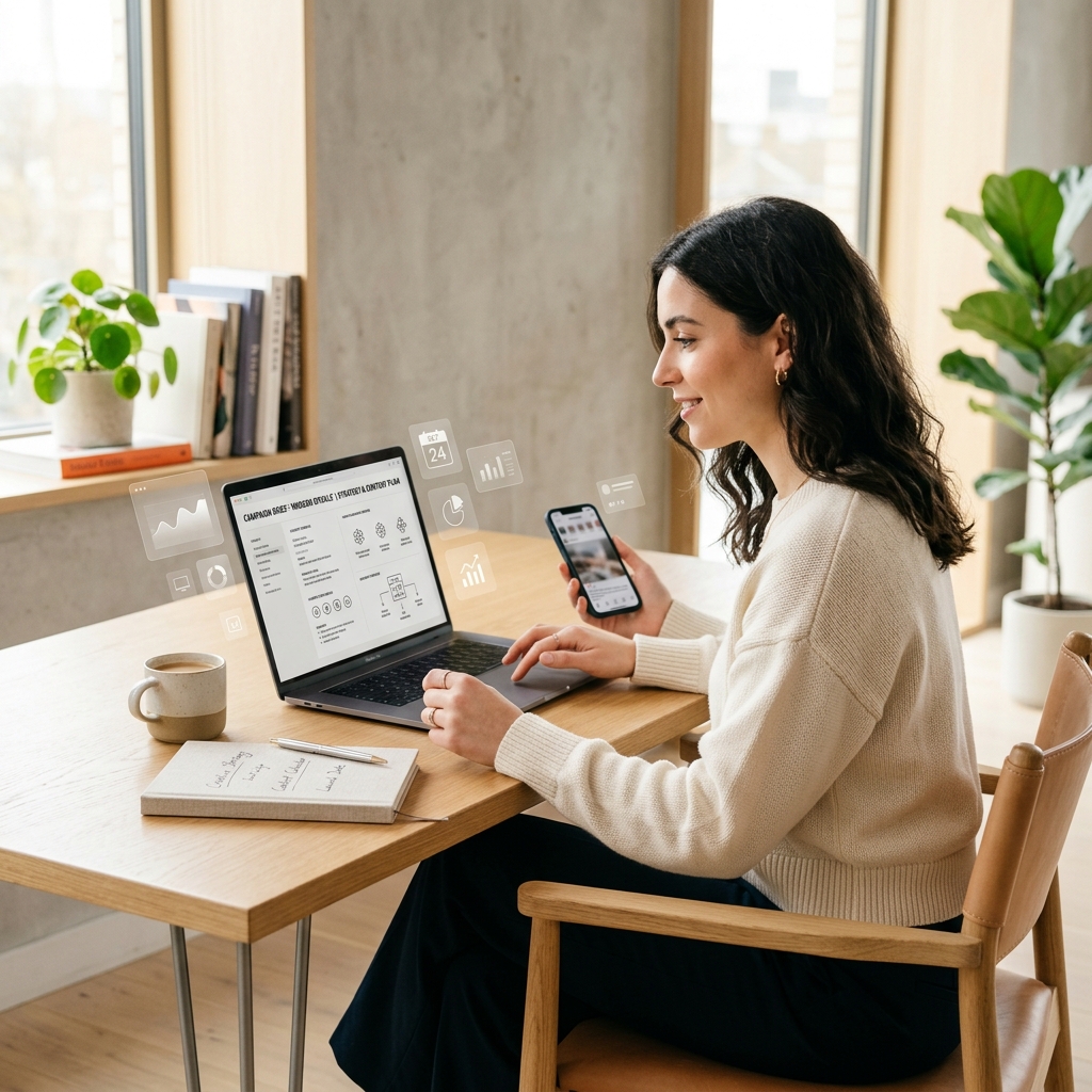 Creator analisando campanha digital em ambiente profissional